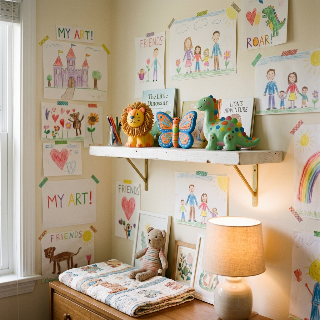 Étagère décorative dans une chambre d'enfant avec des créations en plâtre colorées faites à la main
