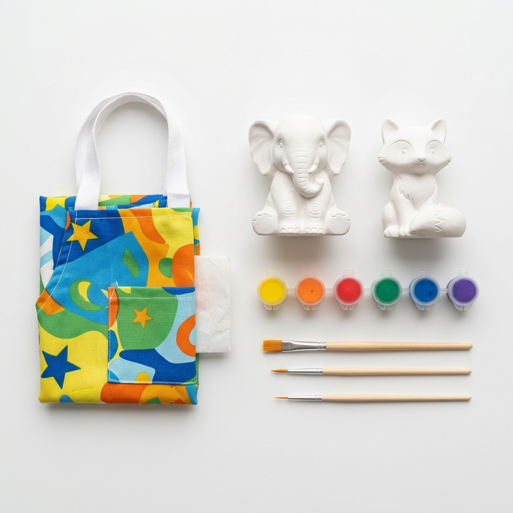 Kit de coloriage de plâtre classique complet : statuettes en plâtre, pots de peinture et pinceaux disposés en flat-lay sur fond blanc