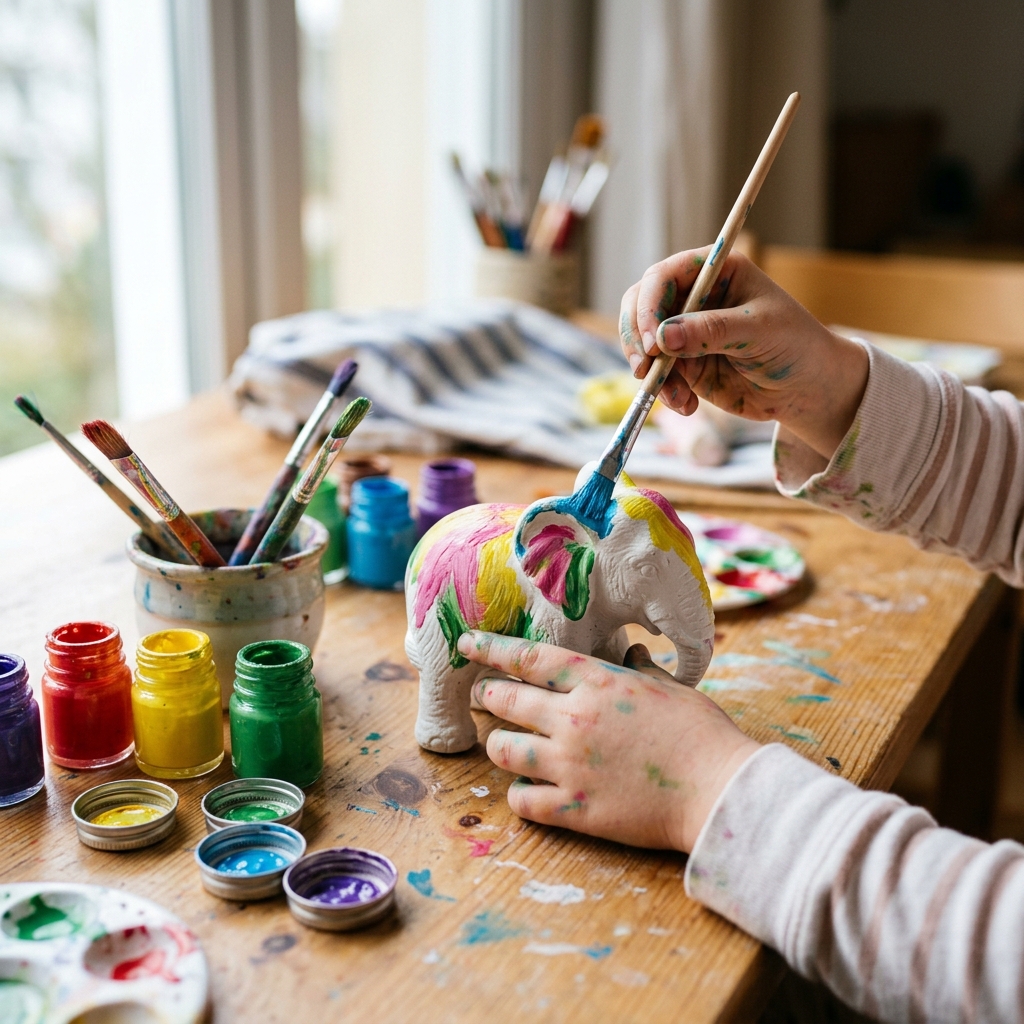 Gros plan sur les mains d'un enfant appliquant de la peinture colorée avec soin sur une figurine animale en plâtre
